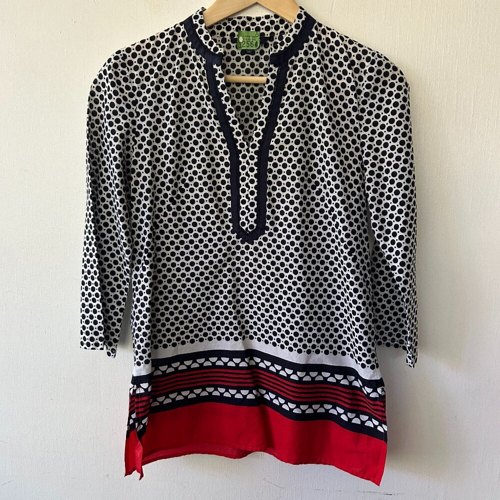 Tommy Hilfiger Popover Tunic Top Womens XS Vneck Red White Blue Patriotic Preppy